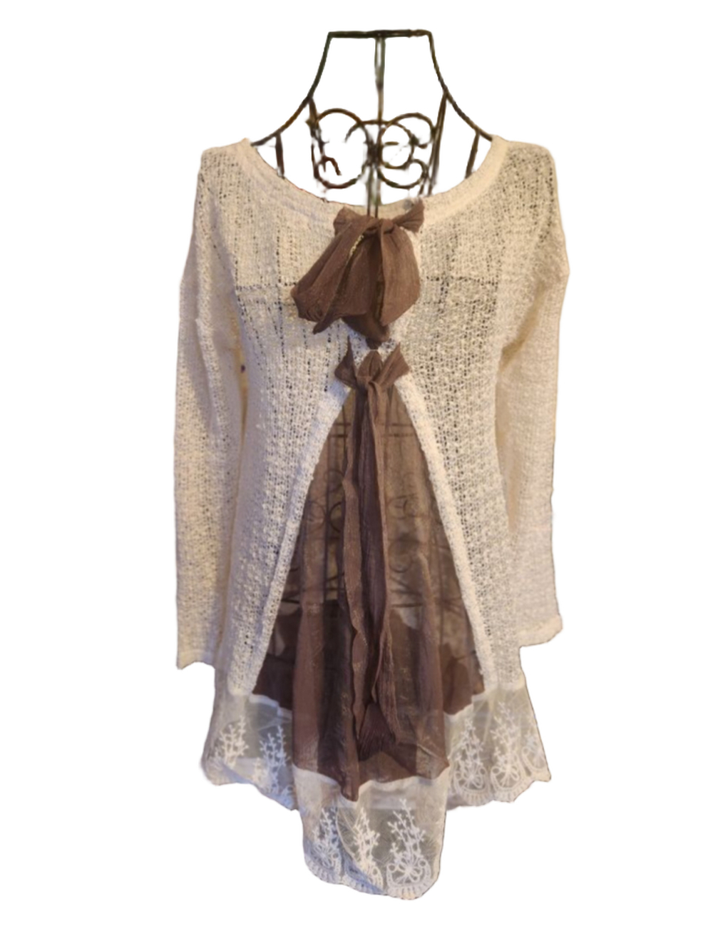 Anthropology A'reve Knit Top Lace Trim Bows Romantic Boho Cottagecore Soft